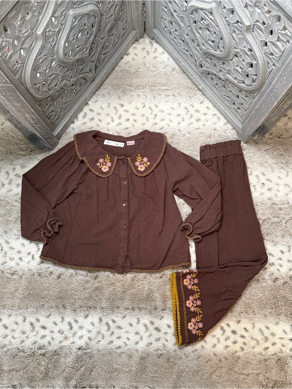 ZARA brown floral embroidery matching set girls size 6 bohemian coastal Cowgirl
